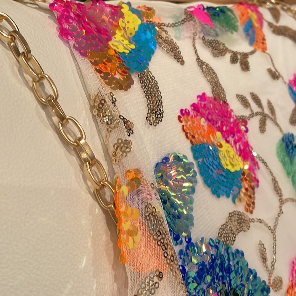 multicolor sequin gold chain strap mini sheath party dress white new with tag S - Picture 12 of 12